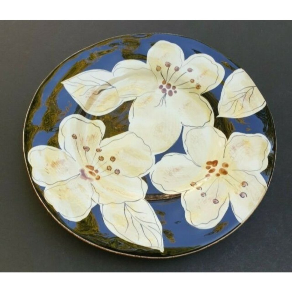 Laurie Gates Salad Plate Black Cream Flowers Kate